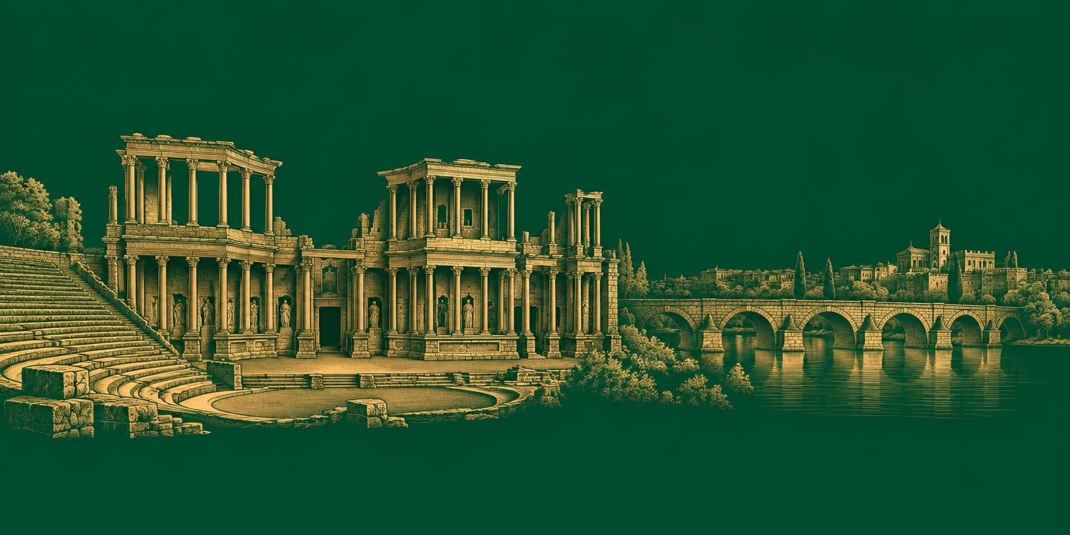 Ilustración del teatro romano y el puente de Mérida
